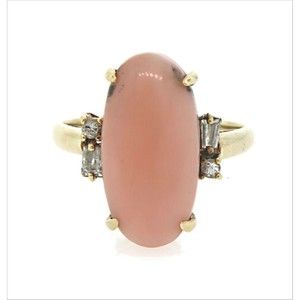 Antique Vintage Peachy Pink Coral Diamond Baguettes Yellow Gold Ring 14k Sz 5